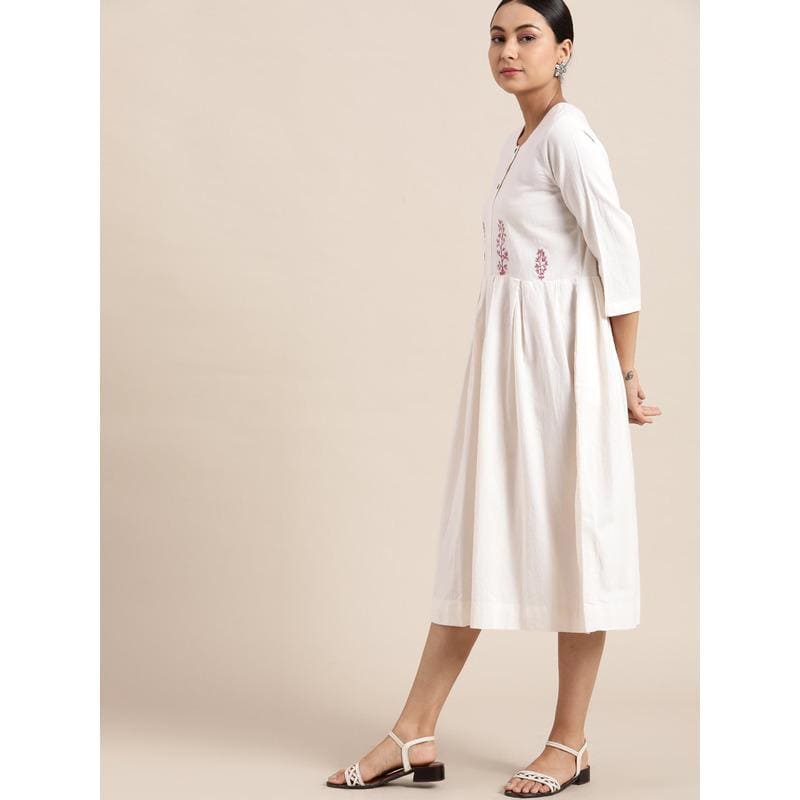 Embroidered Cotton Dress - White - Charkha TalesEmbroidered Cotton Dress - White