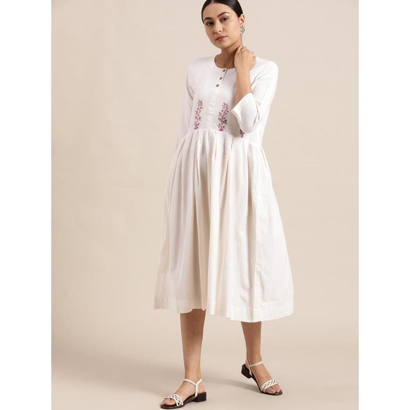 Embroidered Cotton Dress - White - Charkha TalesEmbroidered Cotton Dress - White