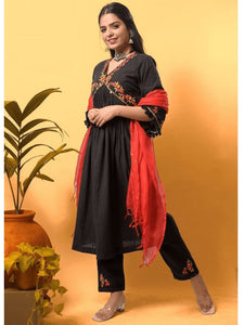 Embroidered Cotton Kurta Set - Black