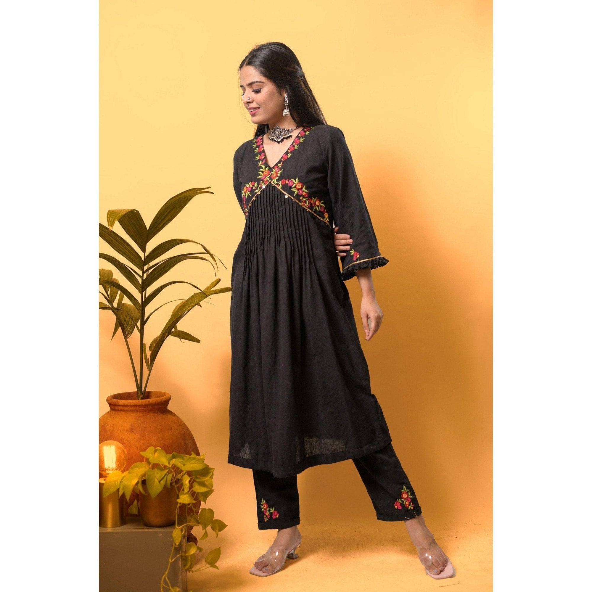 Embroidered Cotton Kurta Set - Black - Charkha TalesEmbroidered Cotton Kurta Set - Black