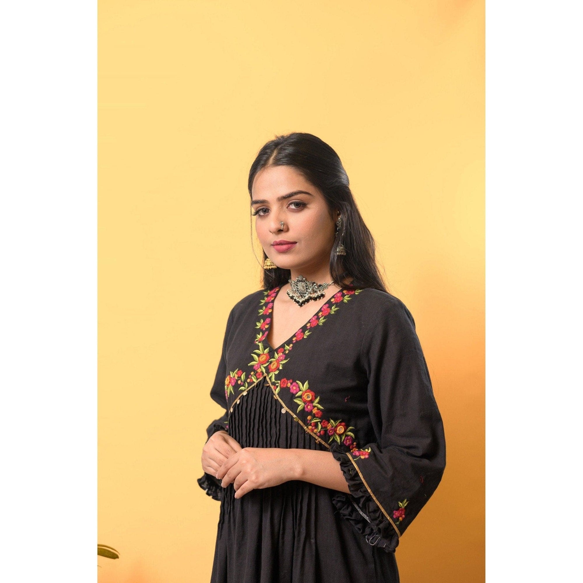 Embroidered Cotton Kurta Set - Black - Charkha TalesEmbroidered Cotton Kurta Set - Black