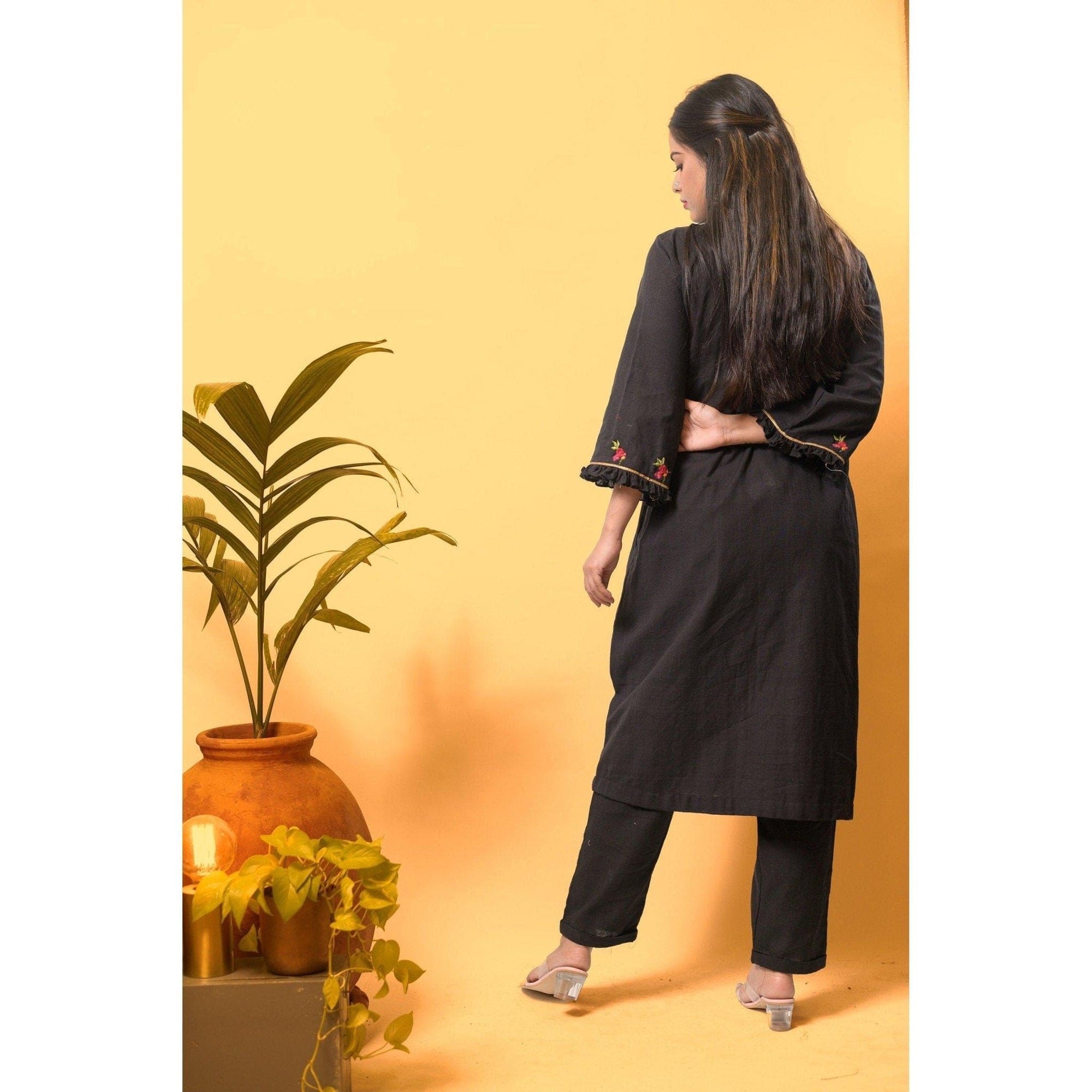 Embroidered Cotton Kurta Set - Black - Charkha TalesEmbroidered Cotton Kurta Set - Black