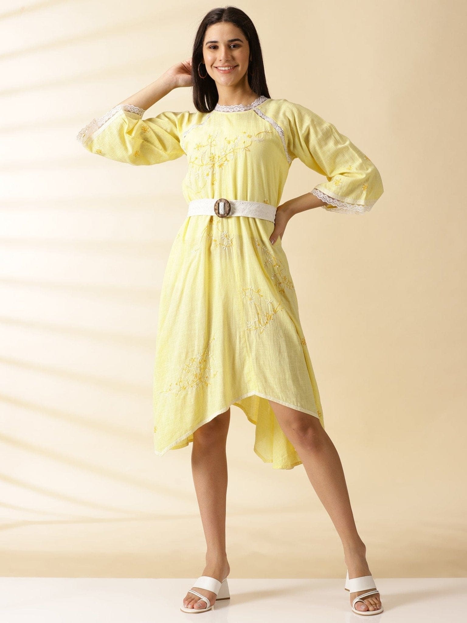 Embroidered Hankercheif Dress - Yellow - Charkha TalesEmbroidered Hankercheif Dress - Yellow