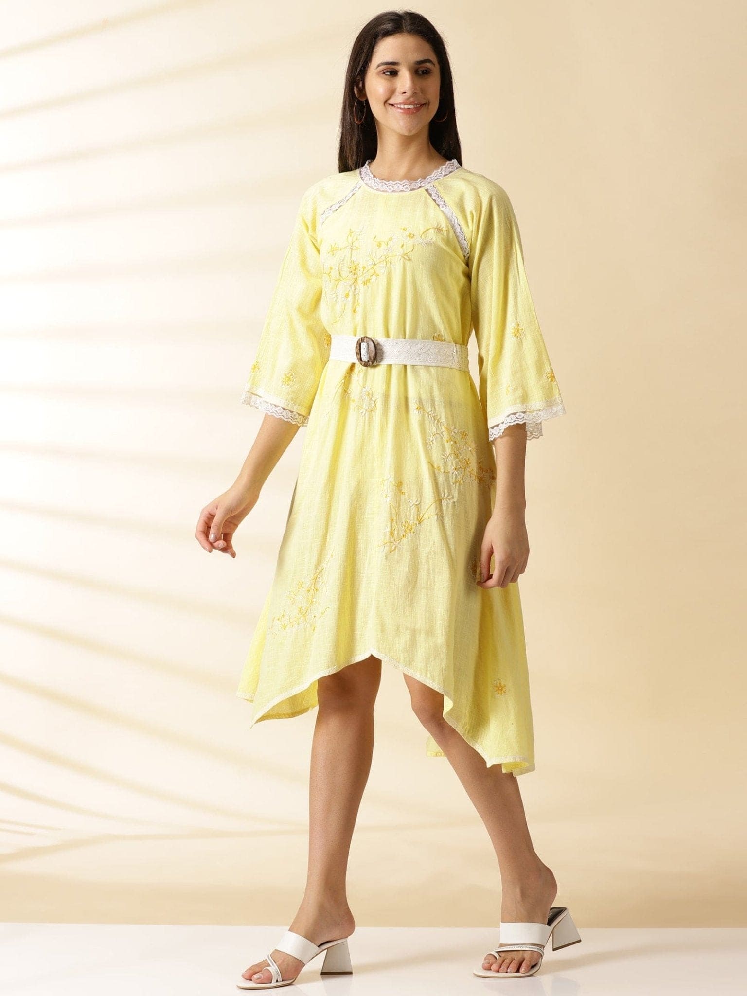 Embroidered Hankercheif Dress - Yellow - Charkha TalesEmbroidered Hankercheif Dress - Yellow