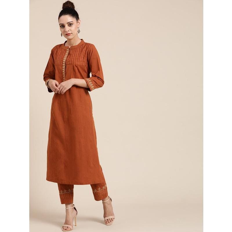 Embroidered Kurta Set - Camel Brown - Charkha TalesEmbroidered Kurta Set - Camel Brown