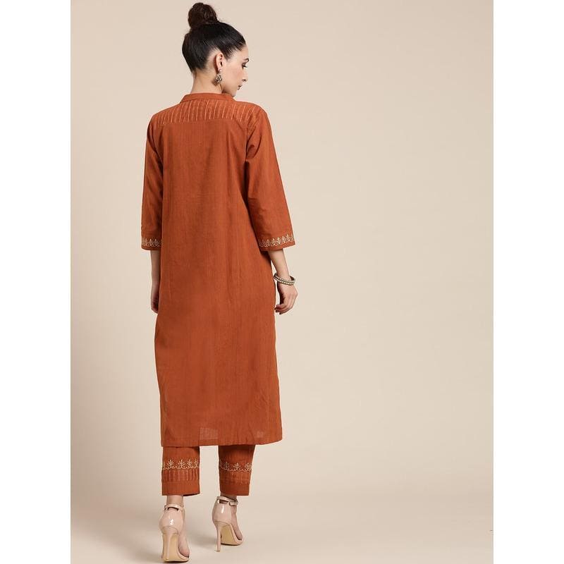 Embroidered Kurta Set - Camel Brown - Charkha TalesEmbroidered Kurta Set - Camel Brown