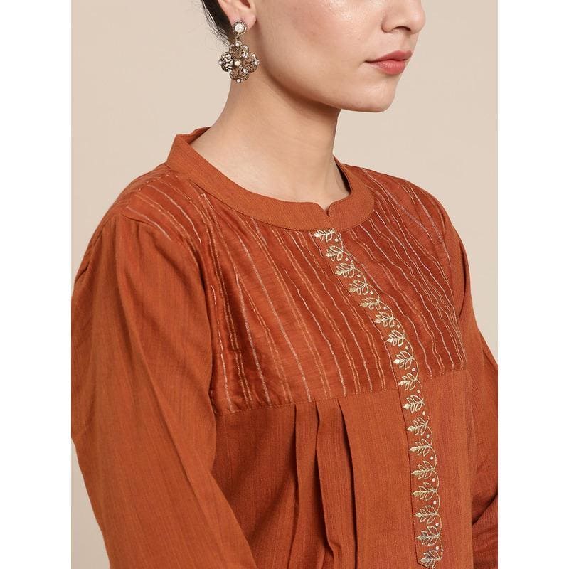 Embroidered Kurta Set - Camel Brown - Charkha TalesEmbroidered Kurta Set - Camel Brown