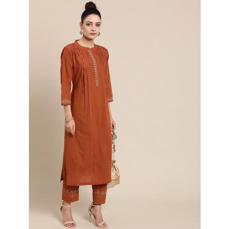 Embroidered Kurta Set - Camel Brown - Charkha TalesEmbroidered Kurta Set - Camel Brown