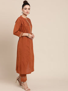Embroidered Kurta Set - Camel Brown