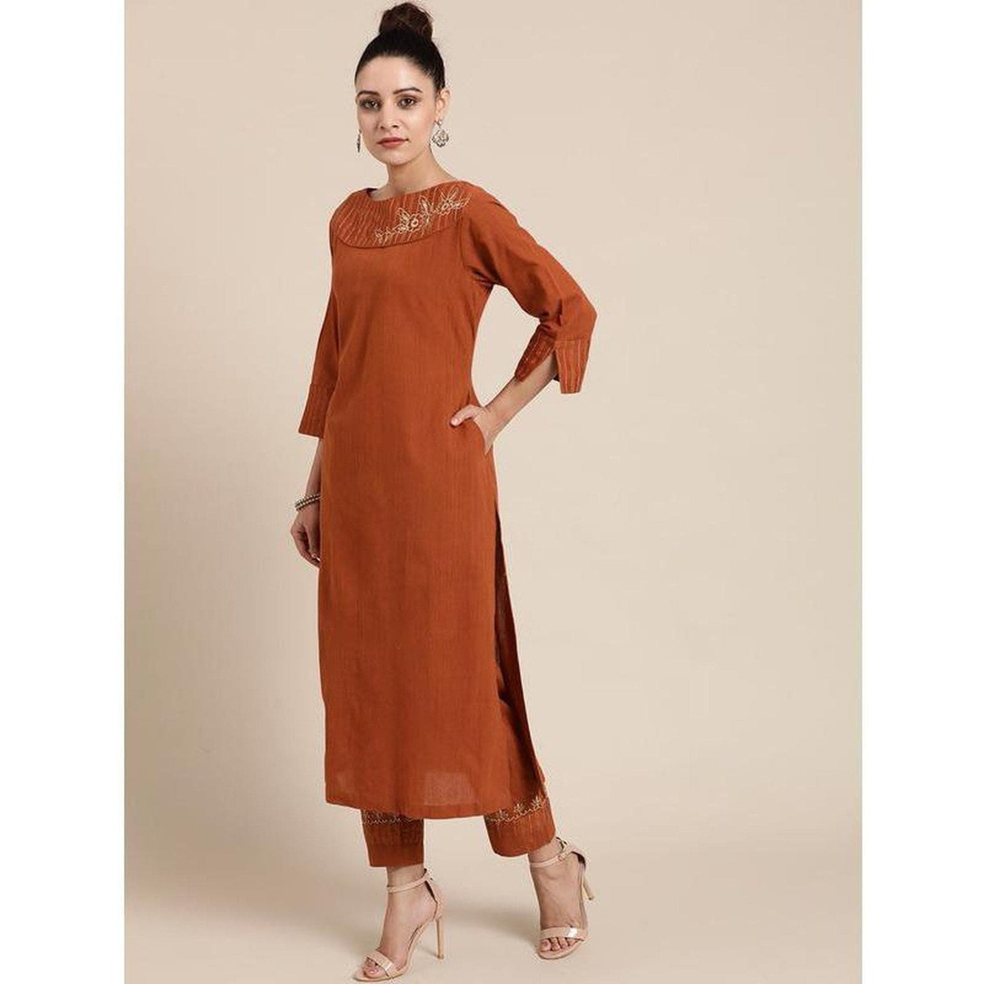 Embroidered Kurta Set - Light Brown - Charkha TalesEmbroidered Kurta Set - Light Brown