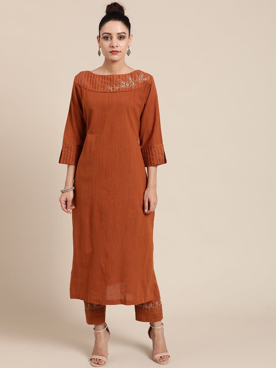 Embroidered Kurta Set - Light Brown - Charkha TalesEmbroidered Kurta Set - Light Brown