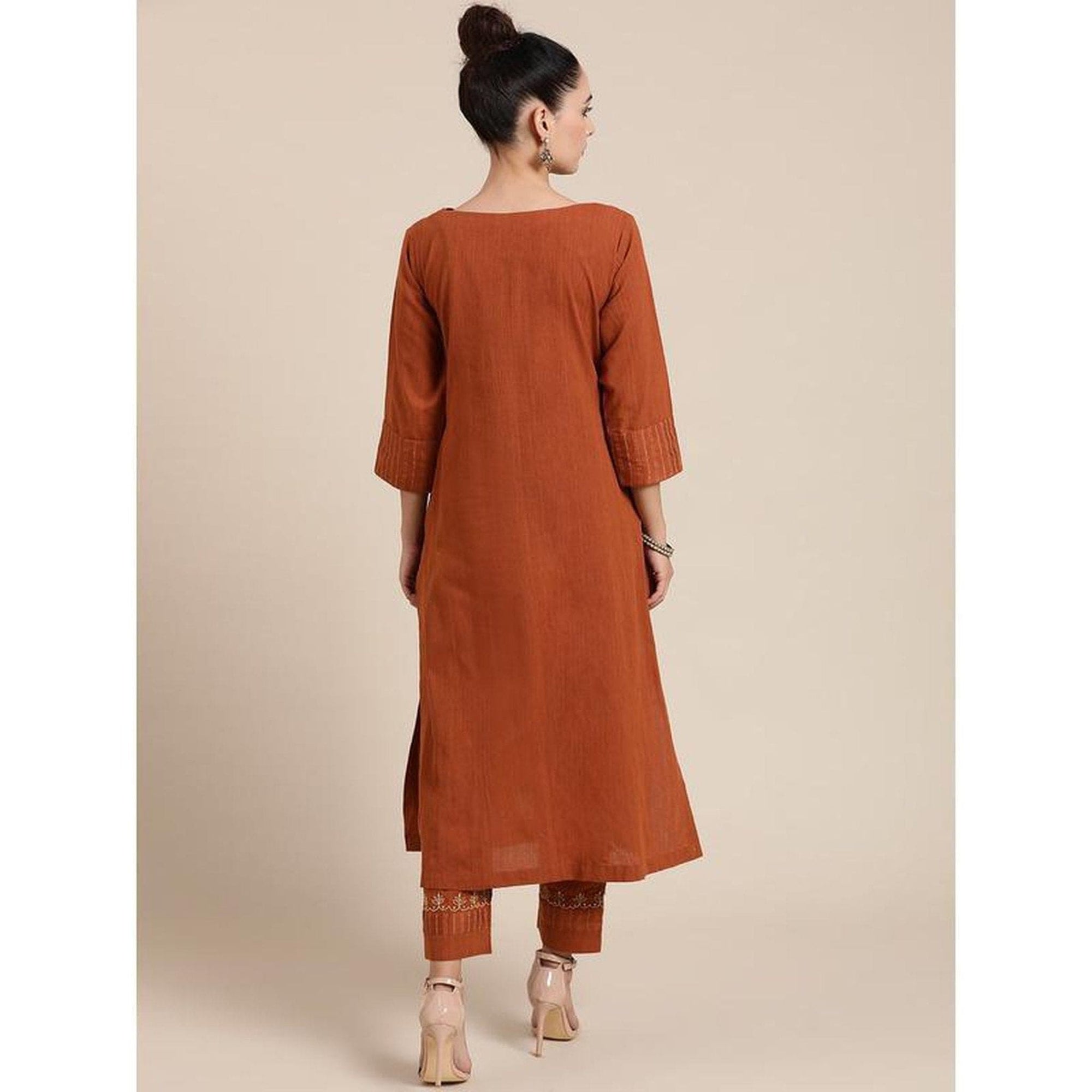 Embroidered Kurta Set - Light Brown - Charkha TalesEmbroidered Kurta Set - Light Brown