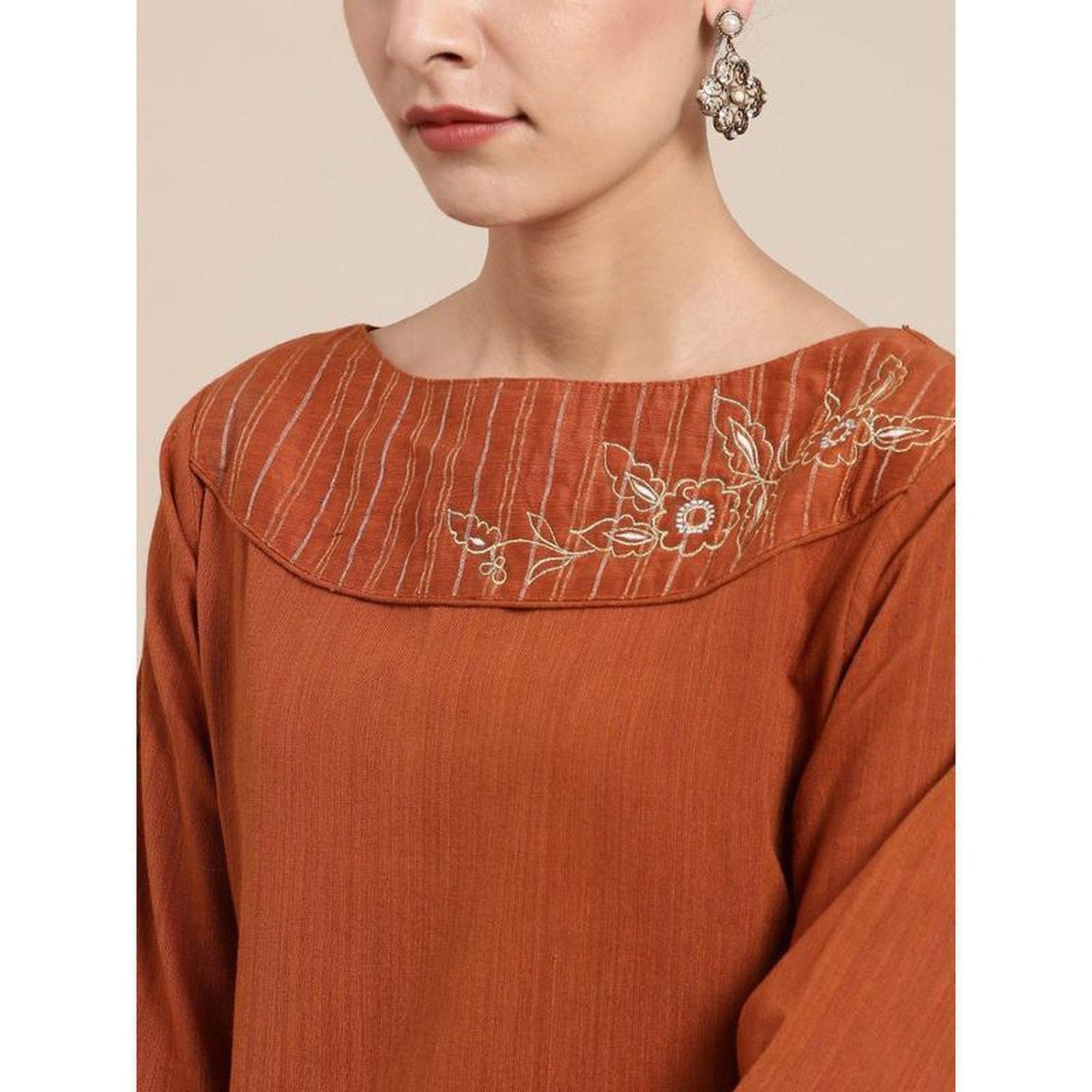 Embroidered Kurta Set - Light Brown - Charkha TalesEmbroidered Kurta Set - Light Brown