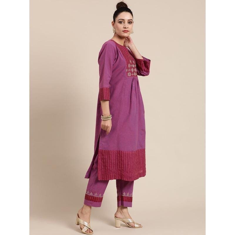 Embroidered Kurta Set - Mauve - Charkha TalesEmbroidered Kurta Set - Mauve