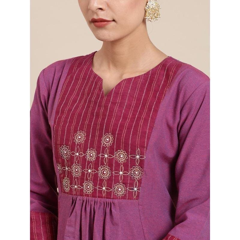 Embroidered Kurta Set - Mauve - Charkha TalesEmbroidered Kurta Set - Mauve