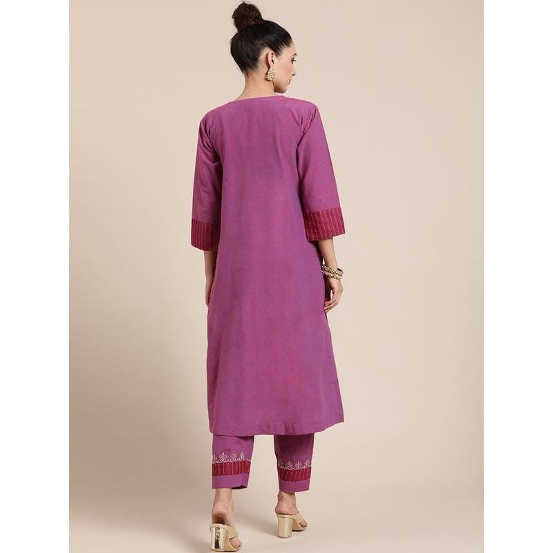 Embroidered Kurta Set - Mauve - Charkha TalesEmbroidered Kurta Set - Mauve