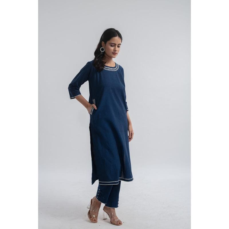 Embroidered Kurta Set - Navy Blue - Charkha TalesEmbroidered Kurta Set - Navy Blue
