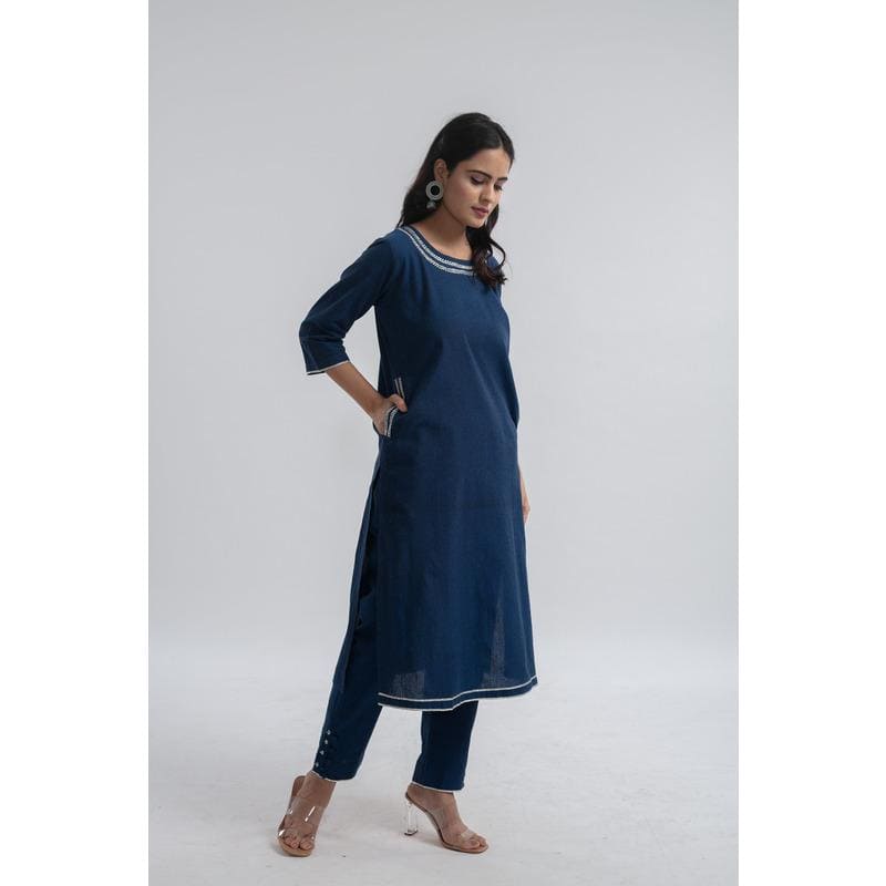 Embroidered Kurta Set - Navy Blue - Charkha TalesEmbroidered Kurta Set - Navy Blue