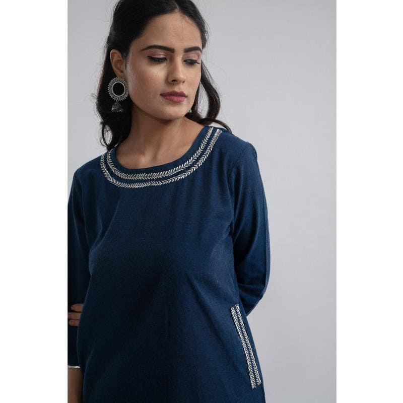 Embroidered Kurta Set - Navy Blue - Charkha TalesEmbroidered Kurta Set - Navy Blue