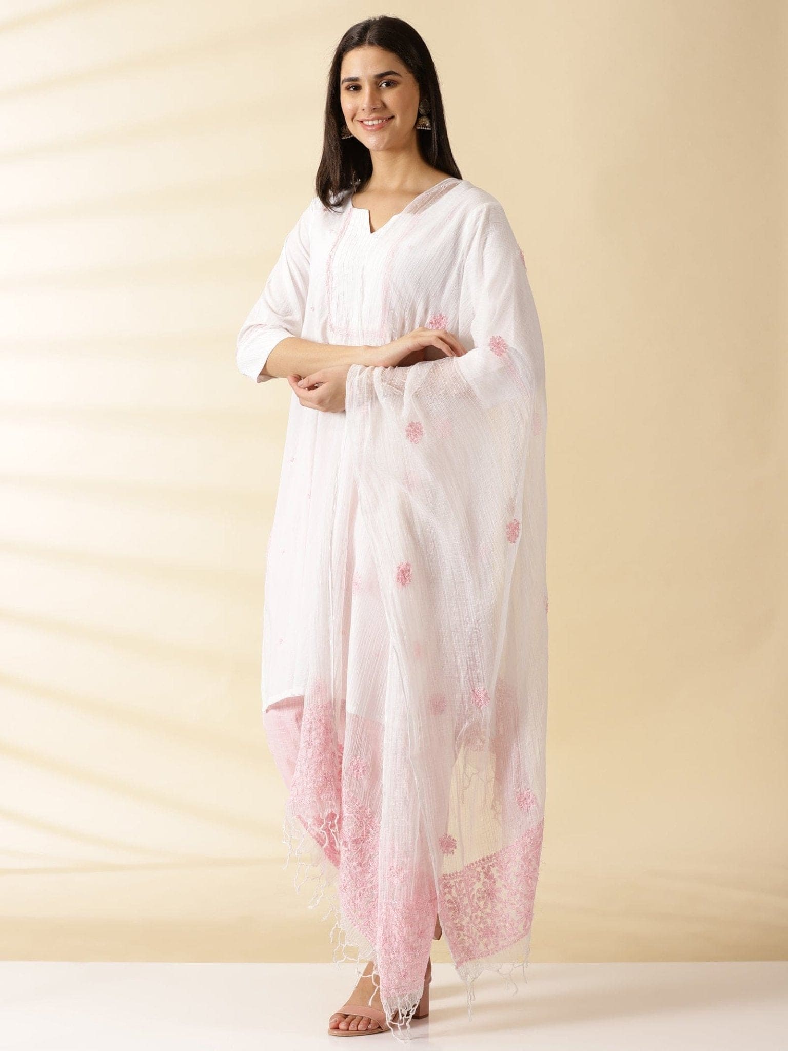 Embroidered Kurta Set - White - Pink - Charkha TalesEmbroidered Kurta Set - White - Pink