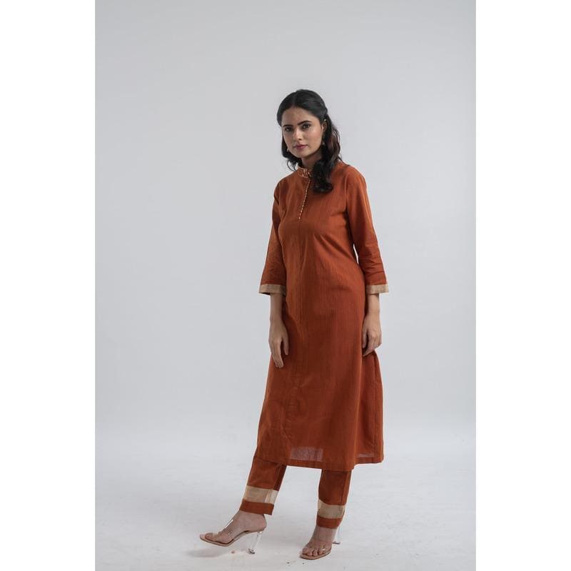 Embroidered Kurta Set With Golden Zari - Brown - Charkha TalesEmbroidered Kurta Set With Golden Zari - Brown