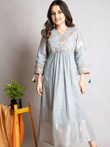 Embroidered Linen Dress - Grey