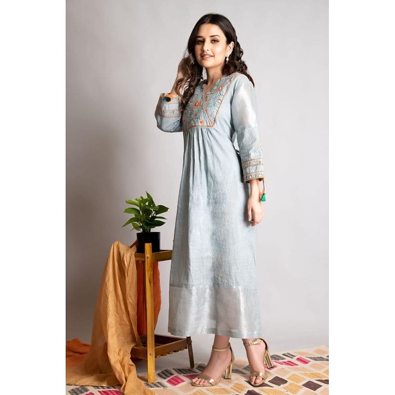 Embroidered Linen Dress - Grey - Charkha TalesEmbroidered Linen Dress - Grey