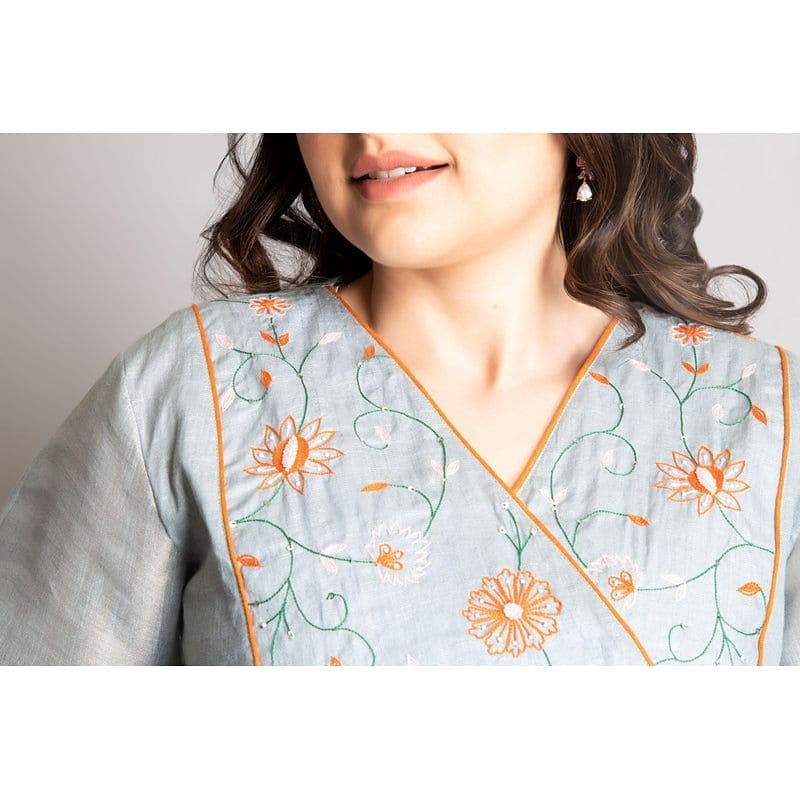 Embroidered Linen Dress - Grey - Charkha TalesEmbroidered Linen Dress - Grey