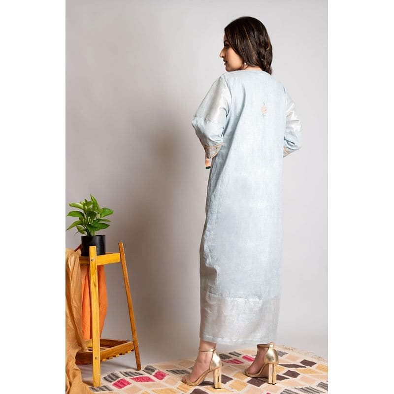 Embroidered Linen Dress - Grey - Charkha TalesEmbroidered Linen Dress - Grey