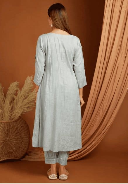 Embroidered Linen Kurta Set - Grey - Charkha TalesEmbroidered Linen Kurta Set - Grey