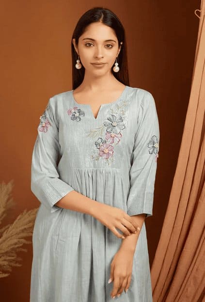 Embroidered Linen Kurta Set - Grey - Charkha TalesEmbroidered Linen Kurta Set - Grey