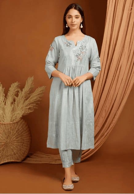 Embroidered Linen Kurta Set - Grey - Charkha TalesEmbroidered Linen Kurta Set - Grey