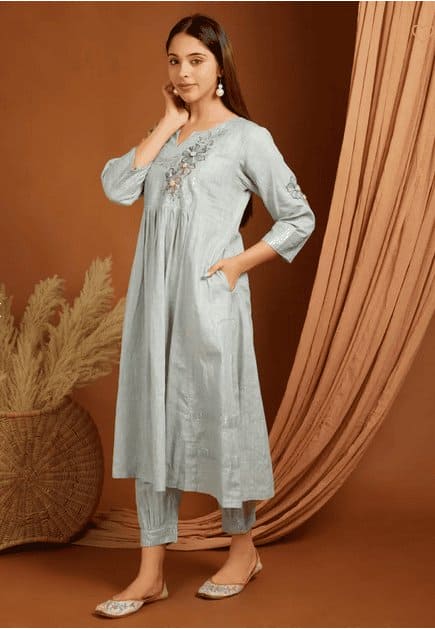 Embroidered Linen Kurta Set - Grey - Charkha TalesEmbroidered Linen Kurta Set - Grey