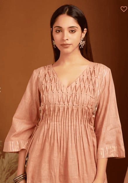 Embroidered Linen Kurta Set - Peach - Charkha TalesEmbroidered Linen Kurta Set - Peach