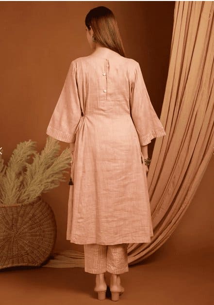 Embroidered Linen Kurta Set - Peach - Charkha TalesEmbroidered Linen Kurta Set - Peach