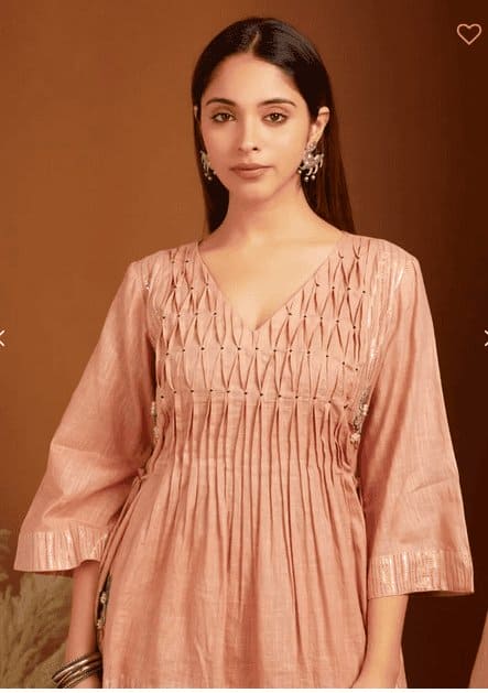 Embroidered Linen Kurta Set - Peach - Charkha TalesEmbroidered Linen Kurta Set - Peach