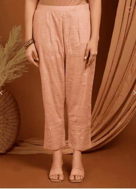 Embroidered Linen Kurta Set - Peach - Charkha TalesEmbroidered Linen Kurta Set - Peach