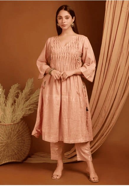 Embroidered Linen Kurta Set - Peach - Charkha TalesEmbroidered Linen Kurta Set - Peach