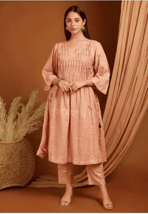 Embroidered Linen Kurta Set - Peach