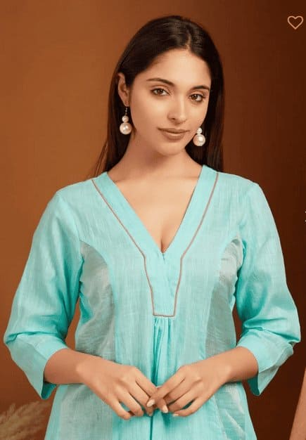 Embroidered Linen Kurta Set - Sea Green - Charkha TalesEmbroidered Linen Kurta Set - Sea Green