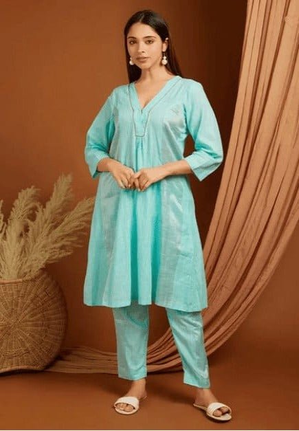 Embroidered Linen Kurta Set - Sea Green - Charkha TalesEmbroidered Linen Kurta Set - Sea Green