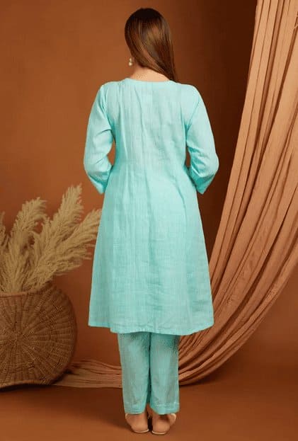 Embroidered Linen Kurta Set - Sea Green - Charkha TalesEmbroidered Linen Kurta Set - Sea Green