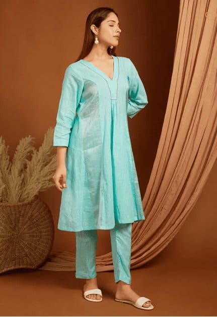 Embroidered Linen Kurta Set - Sea Green - Charkha TalesEmbroidered Linen Kurta Set - Sea Green