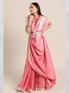 Embroidered Linen Saree - Blush Pink