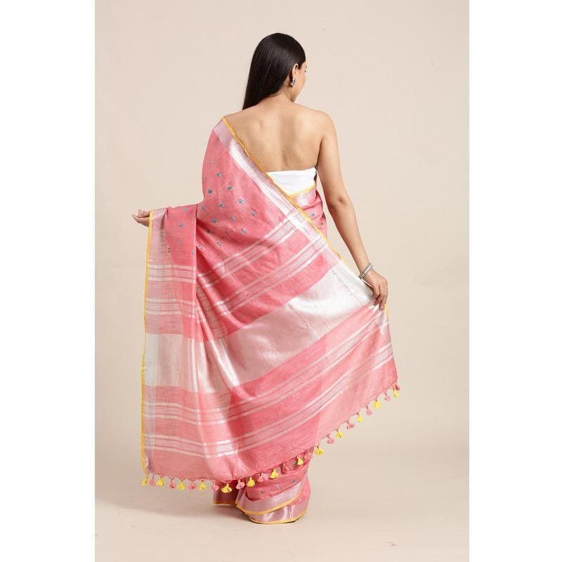 Embroidered Linen Saree - Blush Pink - Charkha TalesEmbroidered Linen Saree - Blush Pink