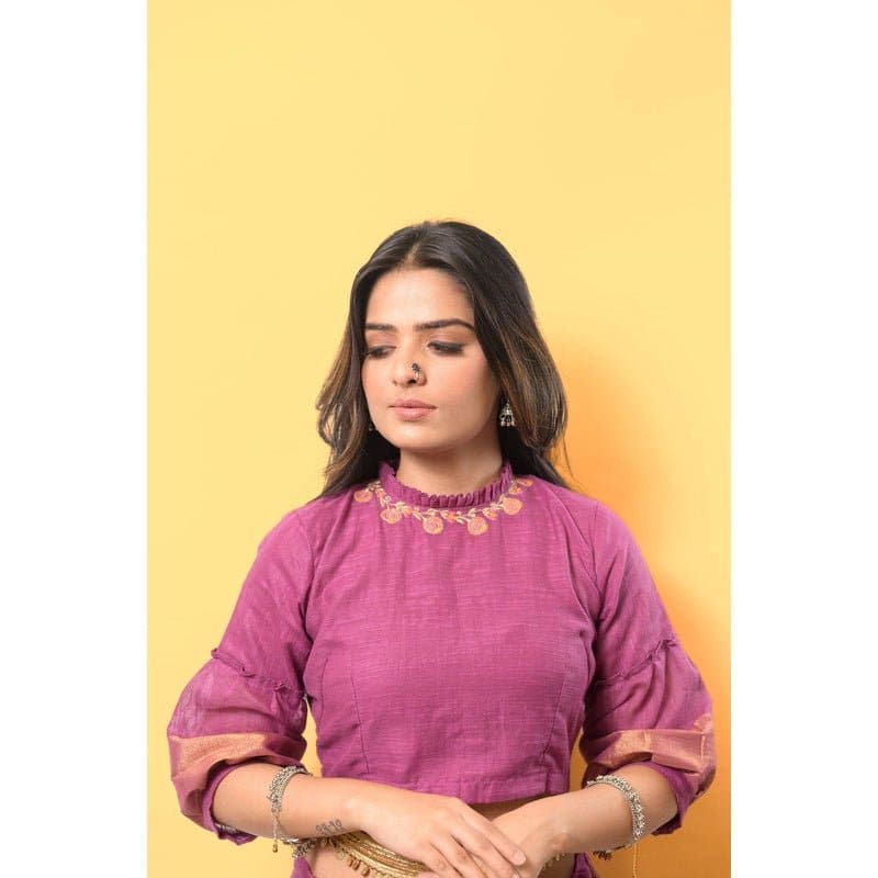 Embroidered Linen Saree - Lavender Gold - Charkha TalesEmbroidered Linen Saree - Lavender Gold