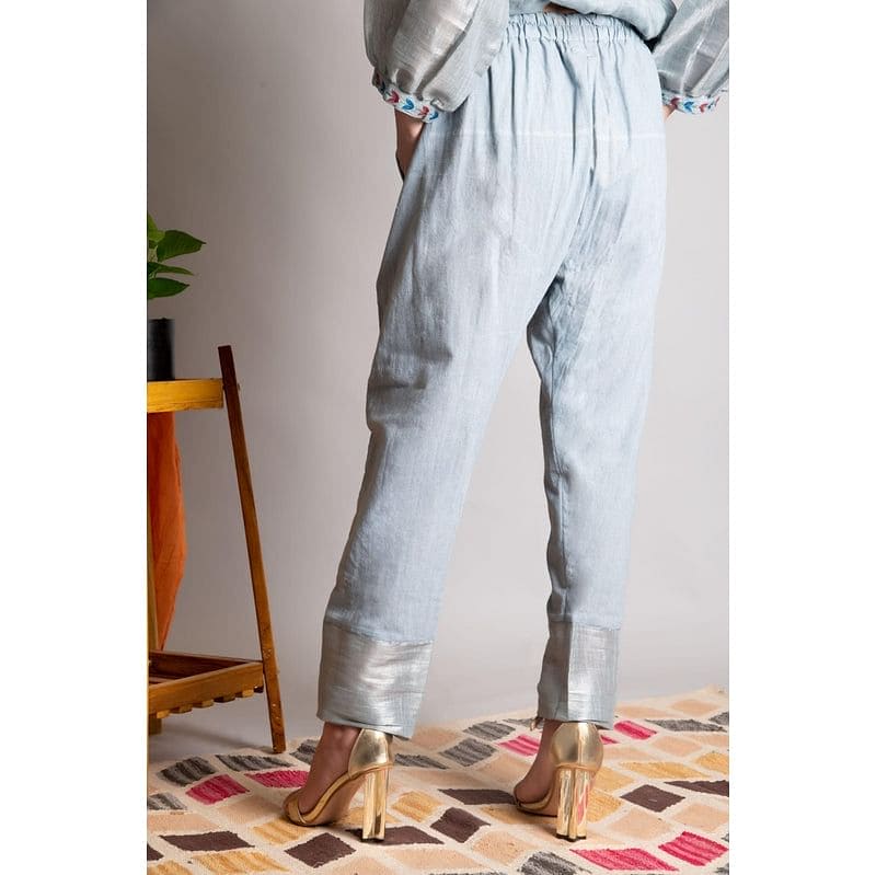 Embroidered Linen Zari Kurta Set - Grey - Charkha TalesEmbroidered Linen Zari Kurta Set - Grey