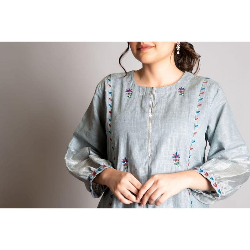 Embroidered Linen Zari Kurta Set - Grey - Charkha TalesEmbroidered Linen Zari Kurta Set - Grey