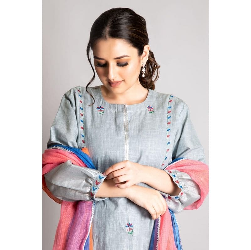 Embroidered Linen Zari Kurta Set - Grey - Charkha TalesEmbroidered Linen Zari Kurta Set - Grey