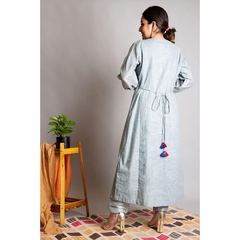 Embroidered Linen Zari Kurta Set - Grey - Charkha TalesEmbroidered Linen Zari Kurta Set - Grey